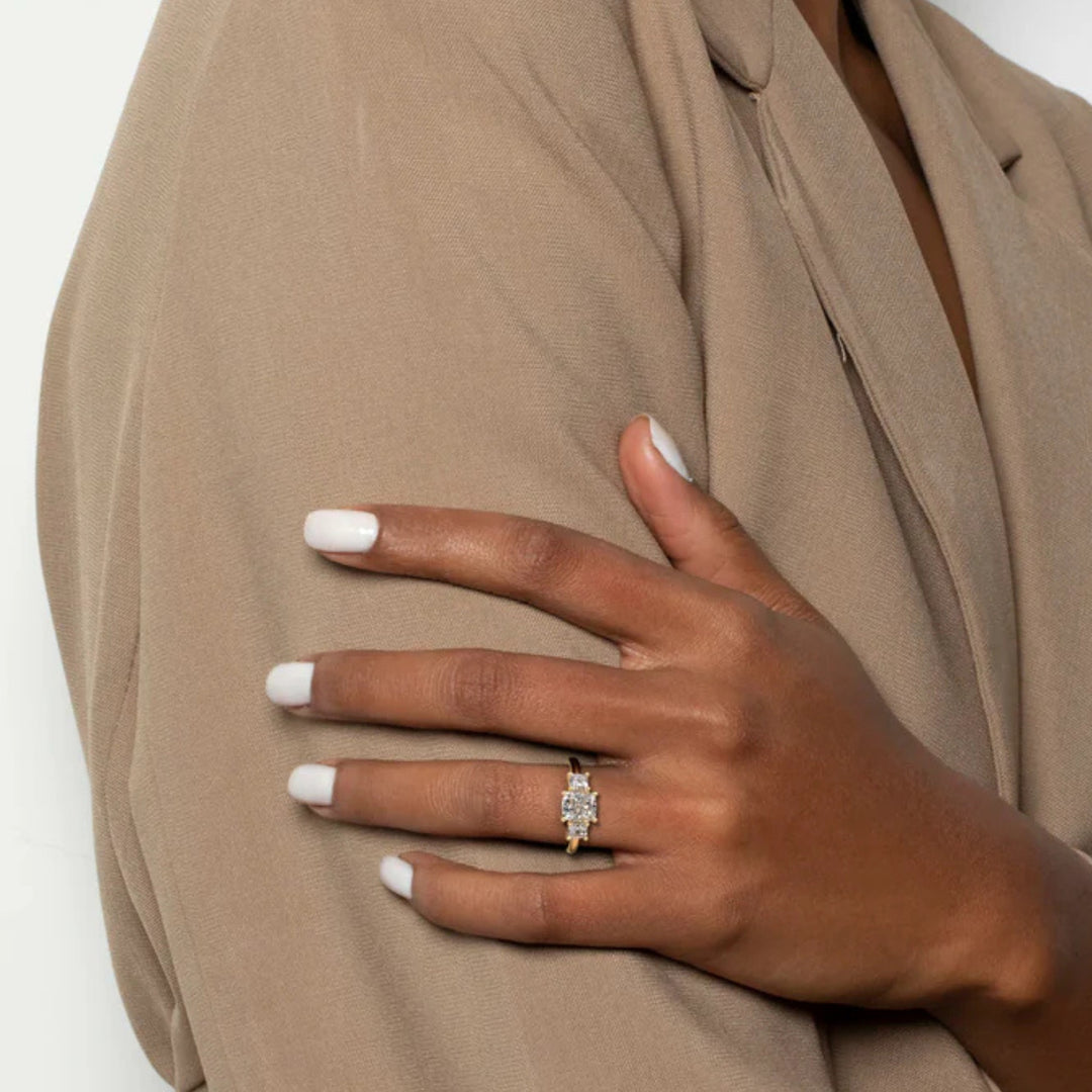 Nicole Manson 1012 Three Stone Ring Cushion Diamond Gold
