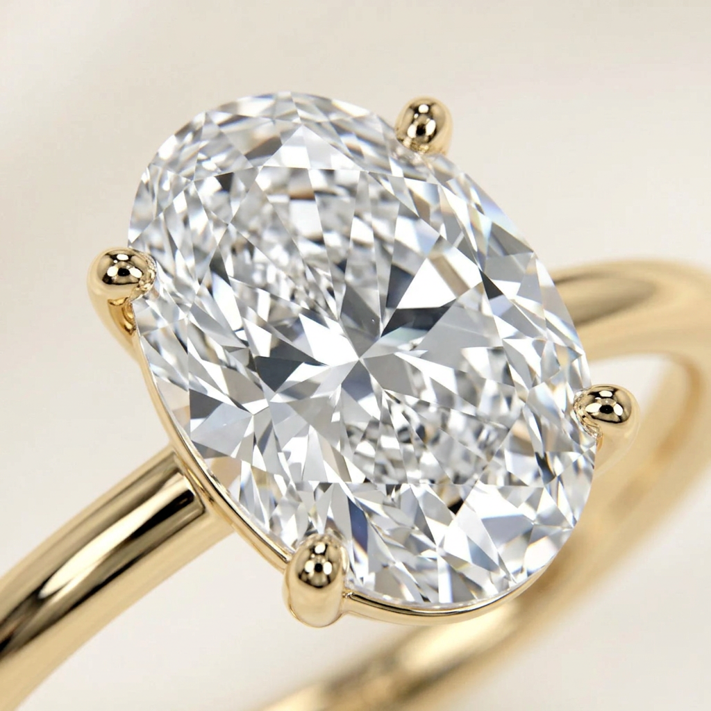 Macro view of the oval diamond and four yellow gold prongs on the 1005 solitaire ring.