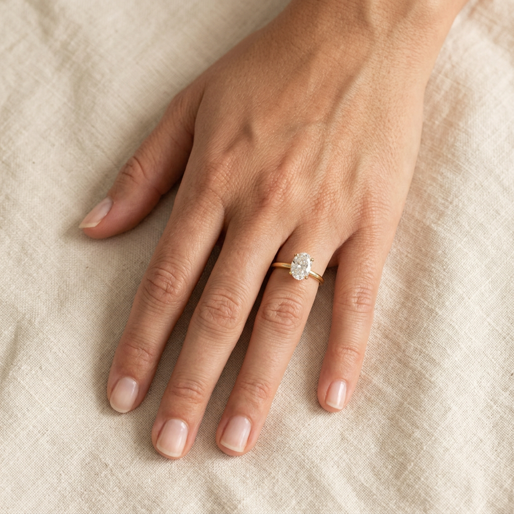 Full-hand view of the oval diamond yellow gold solitaire ring against cream linen.